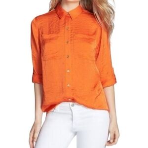 Michael Kors Women's Orange Roll-up Tan Sleeve Button Up Shirt Sz OX